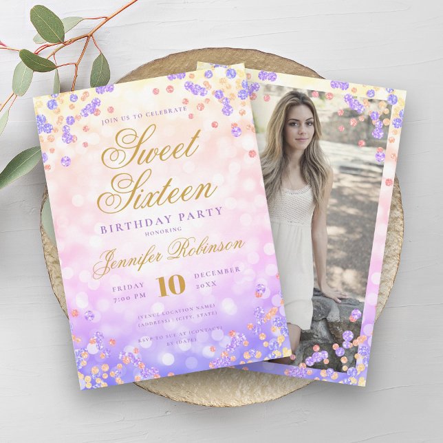 Invitation Elégant Rainbow Lights & Confetti Photo Sweet 16 (Elegant Rainbow Lights & Confetti Photo Sweet 16 Invitation)