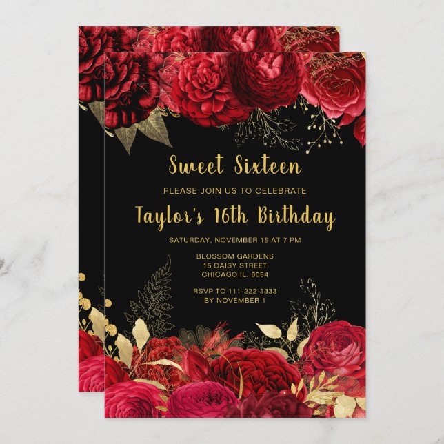 Invitation Elegant Red and Gold Flowers Sweet Sixteen (Devant / Derrière)