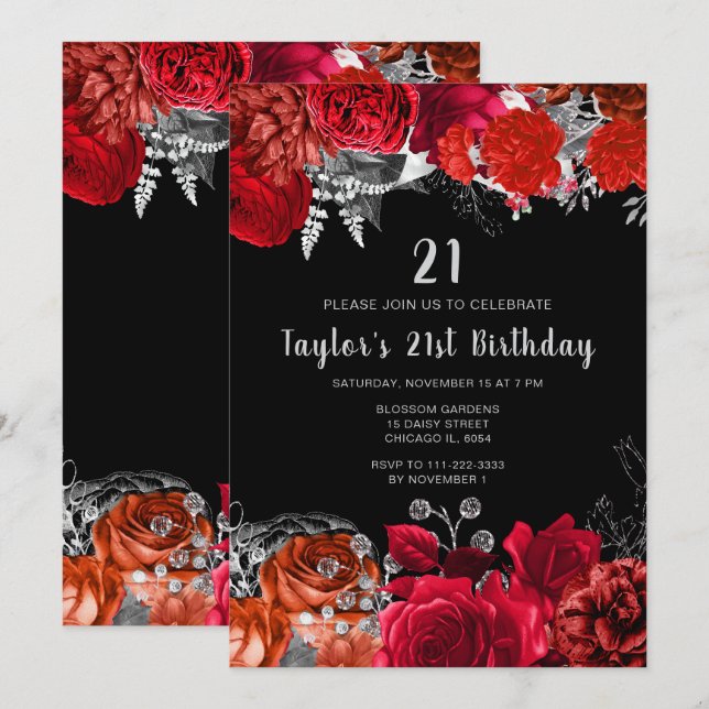 Invitation Elegant Red and Silver Flowers Birthday Party (Devant / Derrière)