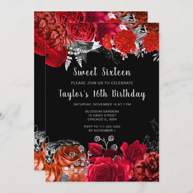 Invitation Elegant Red and Silver Flowers Sweet Sixteen (Devant / Derrière)