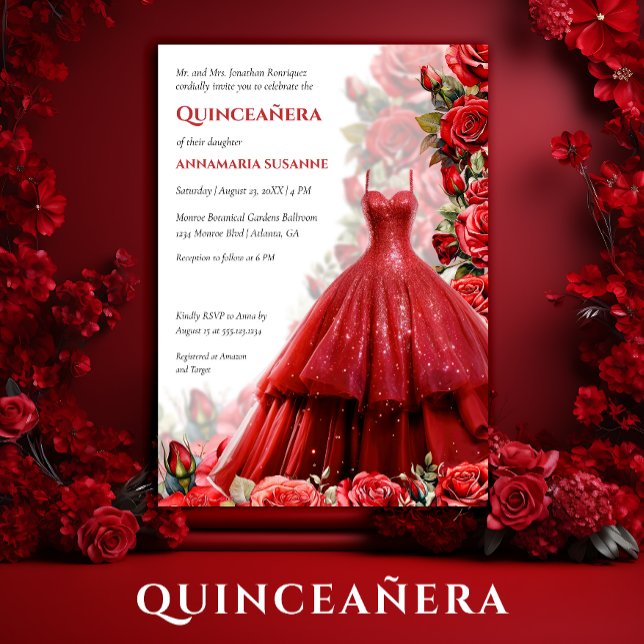 Invitation Elegant Red Ball Gown Red Roses Quinceanera | (Créateur téléchargé)