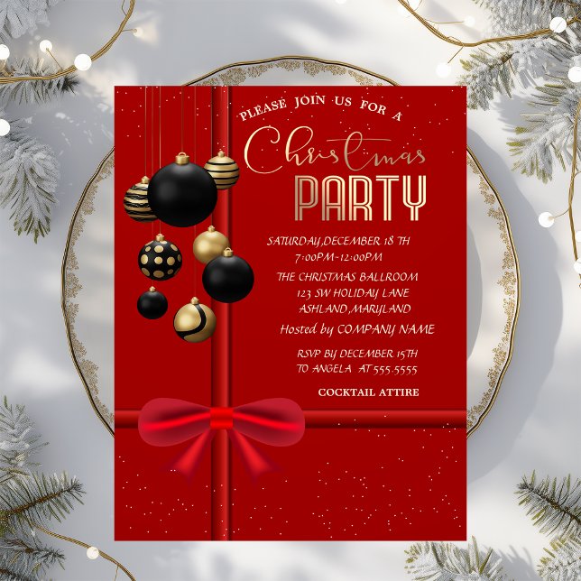 Invitation Elegant Red Bow Black Balls Christmas Company  (Créateur téléchargé)