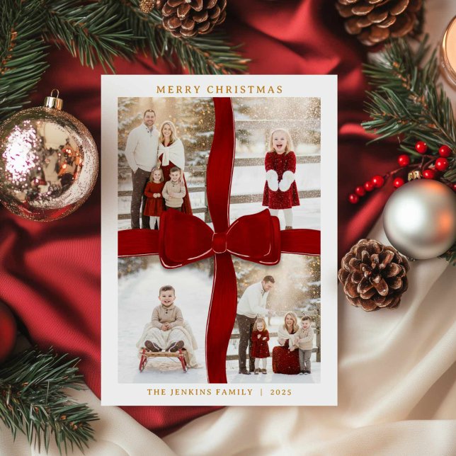 Invitation Elegant Red Bow Photo Christmas Card (Red Bow Christmas Photo Collage Card)
