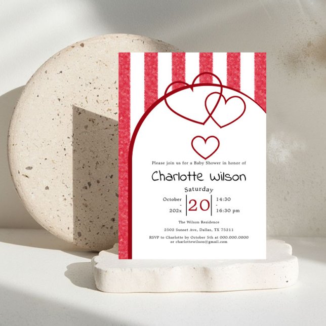 Invitation Elegant Red Chalk Stripe Triple Hearts Baby Shower (Créateur téléchargé)