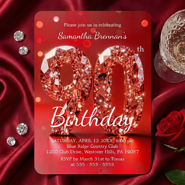 Invitation Elegant Red Diamond Gemstone Glamour 90th Party (Créateur téléchargé)