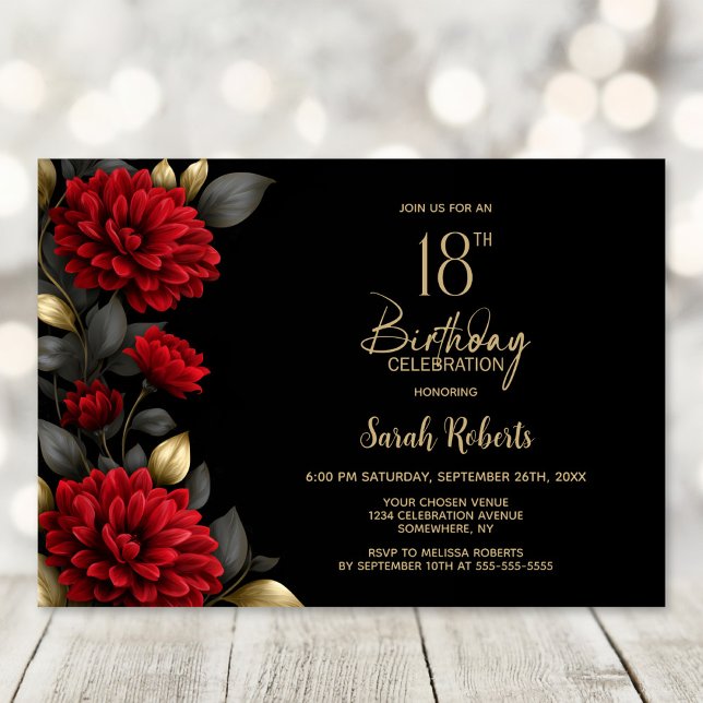 Invitation Elegant Red Floral Black 18th Birthday Party (Créateur téléchargé)
