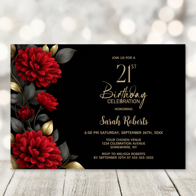 Invitation Elegant Red Floral Black 21st Birthday Party (Créateur téléchargé)