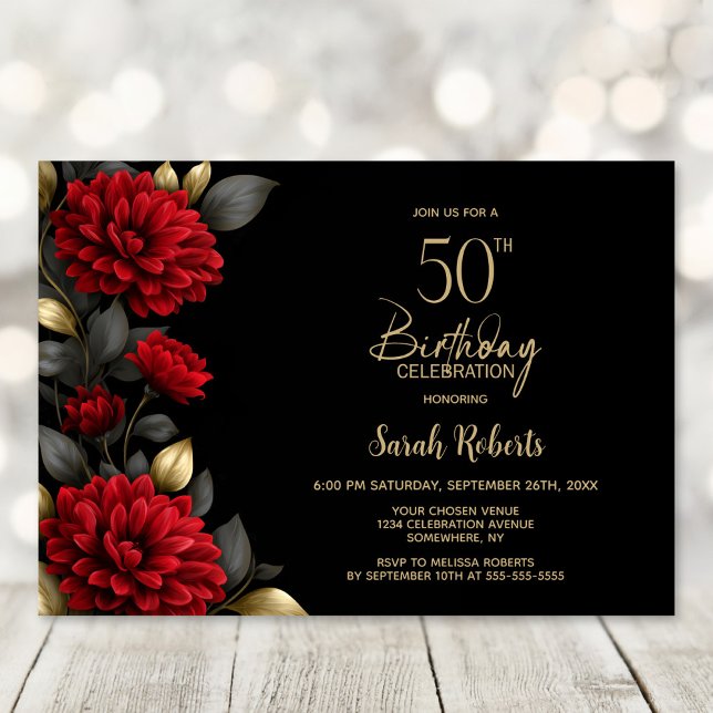 Invitation Elegant Red Floral Black 50th Birthday Party (Créateur téléchargé)