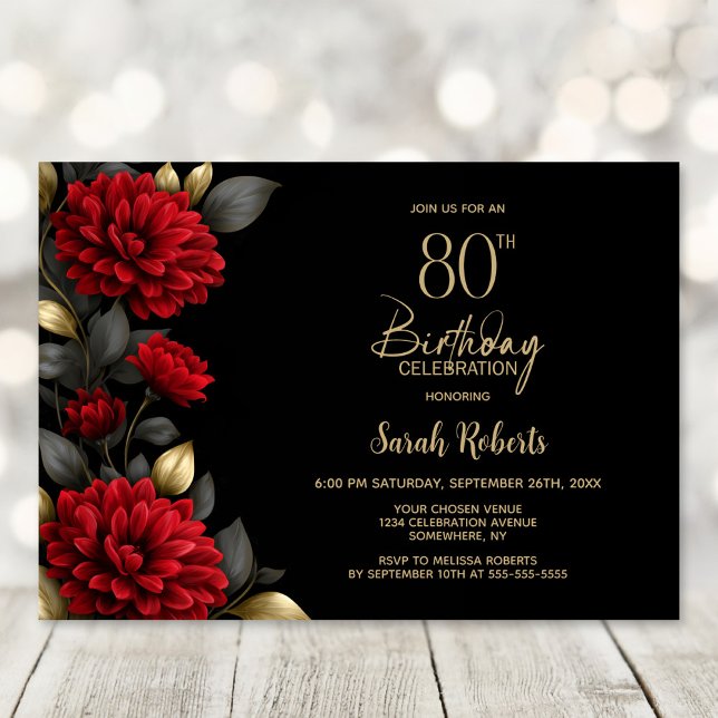 Invitation Elegant Red Floral Black 80th Birthday Party (Créateur téléchargé)