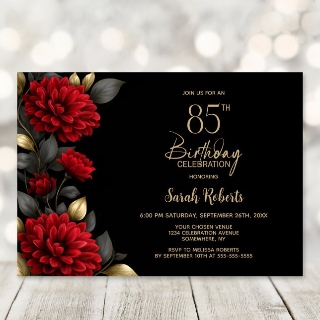 Invitation Elegant Red Floral Black 85th Birthday Party (Créateur téléchargé)