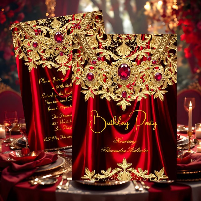 Invitation Elegant Red Gems Gold Lace Damask Birthday Party (Créateur téléchargé)