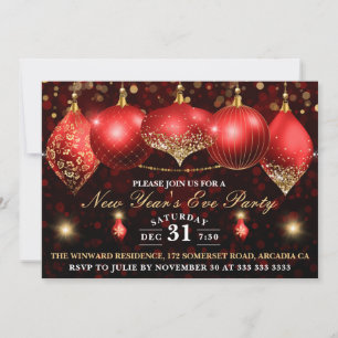 Invitation Elégant Red & Gold Baubles Réveillon du Nouvel An