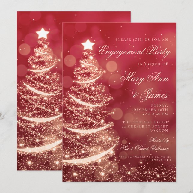 Invitation Elegant Red & Gold Christmas Engagement Party (Devant / Derrière)