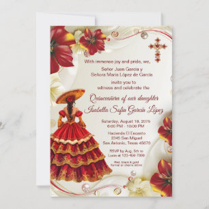 Invitation Élégant Red Gold Floral Charra Quinceanera 