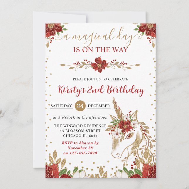 Invitation Elegant Red & Gold Floral Unicorn Birthday Party (Devant)