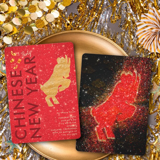 Invitation Elegant Red Gold Glitter Goat Lunar New Year Party (Créateur téléchargé)