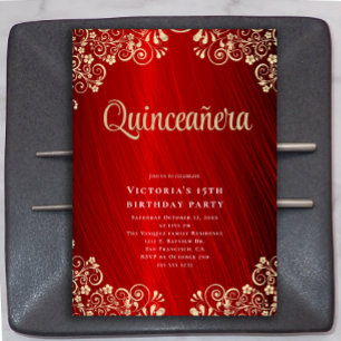 Invitation Elégant Red Gold Quinceañera 15ème anniversaire fê
