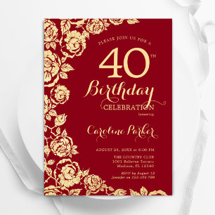Invitation Elégant Red Gold Roses 40e anniversaire