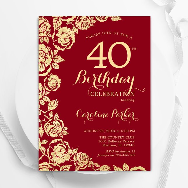 Invitation Elégant Red Gold Roses 40e anniversaire (Créateur téléchargé)
