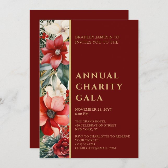 Invitation Élégant Red Green Floral Charity Événement Gala Pa (Devant / Derrière)