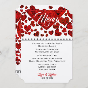 Invitation Elégant Red Hearts et menu Mariage Rose