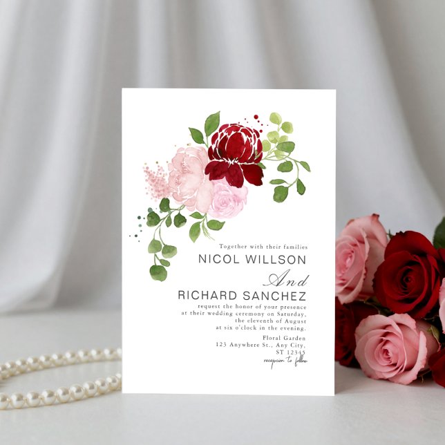 Invitation Elegant Red & Pink Summer Floral Wedding  (Créateur téléchargé)