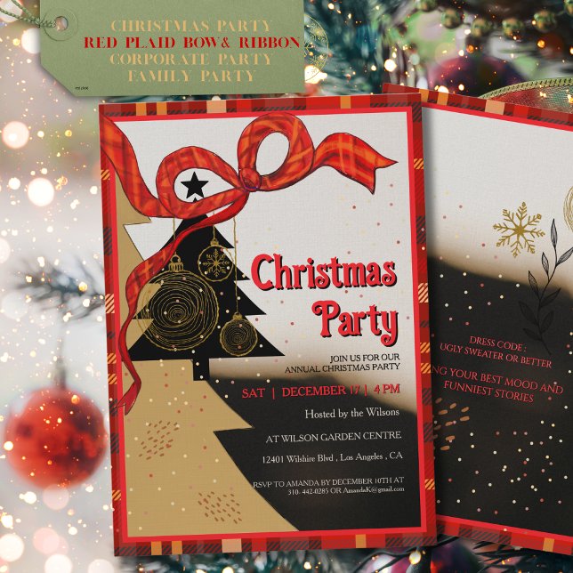 Invitation Elegant Red Plaid Ribbon Christmas Party  (Elegant Red Plaid Ribbon Christmas Party Invitation)