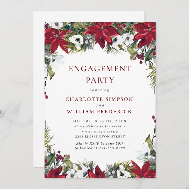 Invitation Élégant Red Poinsettia Noël ENGAGEMENT PARTI (Devant / Derrière)