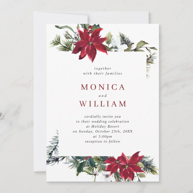 Invitation Elegant Red Poinsettia Pine Fir Watercolor Wedding (Devant)