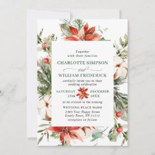 Invitation Elegant Red Poinsettia Pine Fir Watercolor Wedding