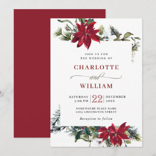 Invitation Elegant Red Poinsettia Pine Fir Watercolor Wedding
