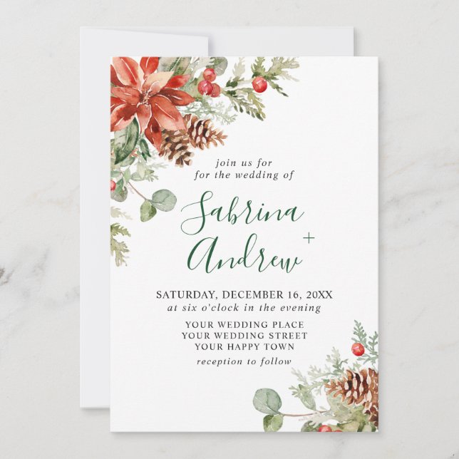 Invitation Elegant Red Poinsettia Pine Fir Watercolor Wedding (Devant)