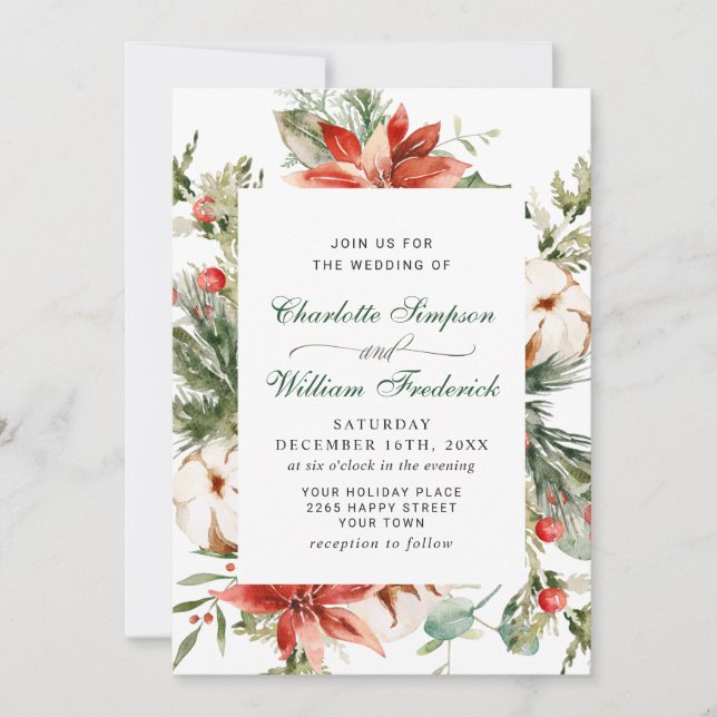Invitation Elegant Red Poinsettia Pine Fir Watercolor Wedding (Devant)