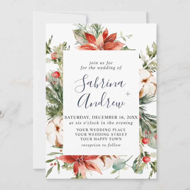 Invitation Elegant Red Poinsettia Pine Fir Watercolor Wedding (Devant)