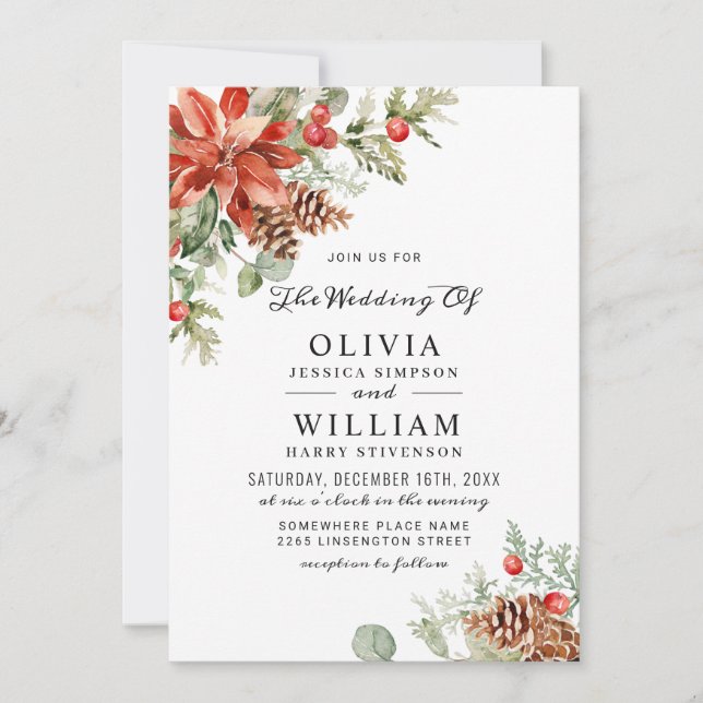 Invitation Elegant Red Poinsettia Pine Fir Watercolor Wedding (Devant)
