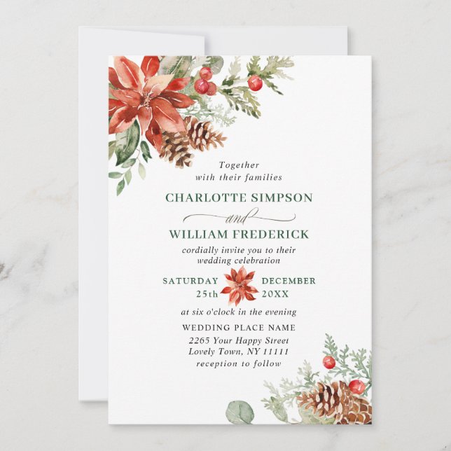 Invitation Elegant Red Poinsettia Pine Fir Watercolor Wedding (Devant)