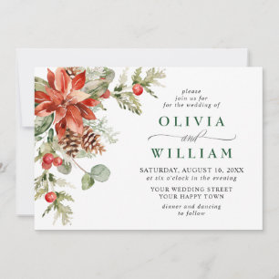 Invitation Elegant Red Poinsettia Pine Fir Watercolor Wedding