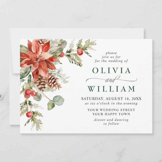 Invitation Elegant Red Poinsettia Pine Fir Watercolor Wedding (Devant)