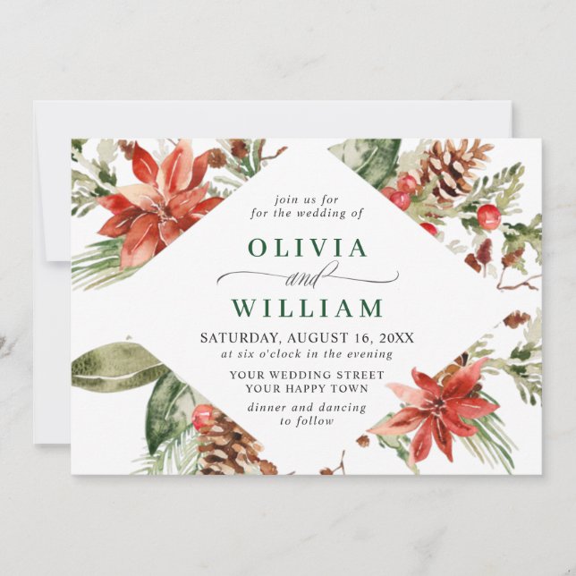 Invitation Elegant Red Poinsettia Pine Fir Watercolor Wedding (Devant)