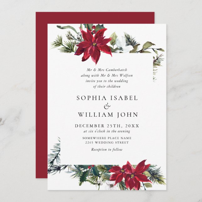 Invitation Elegant Red Poinsettia Pine Fir Watercolor Wedding (Devant / Derrière)