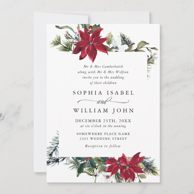 Invitation Elegant Red Poinsettia Pine Fir Watercolor Wedding (Devant)
