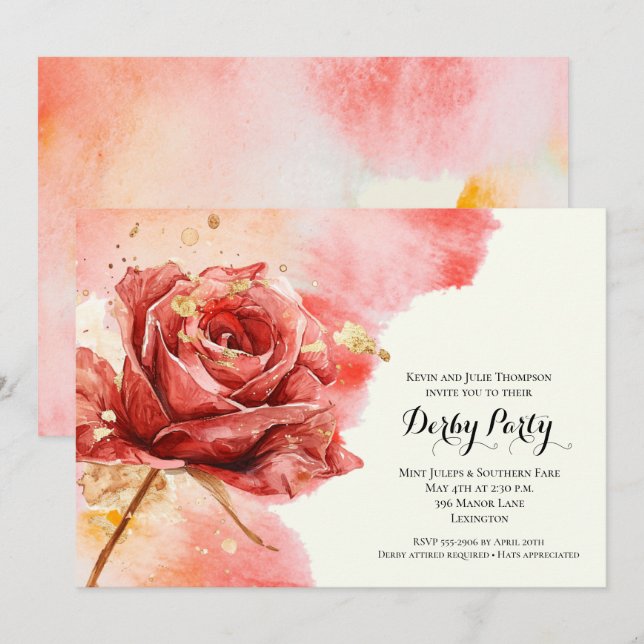 Invitation Élégant Red Rose Derby Party (Devant / Derrière)