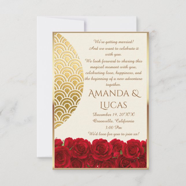 Invitation Elegant Red Roses and Gold Frame Cream Wedding (Devant)