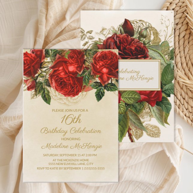Invitation Elegant Red Roses Champagne 16e Anniversaire (Elegant red roses on cream 16th birthday party invitation)