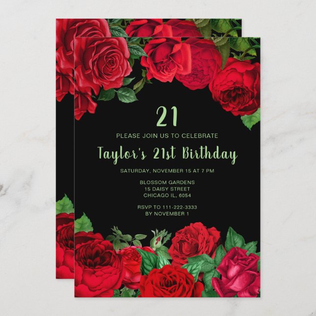 Invitation Elegant Red Roses Flowers Birthday Party (Devant / Derrière)