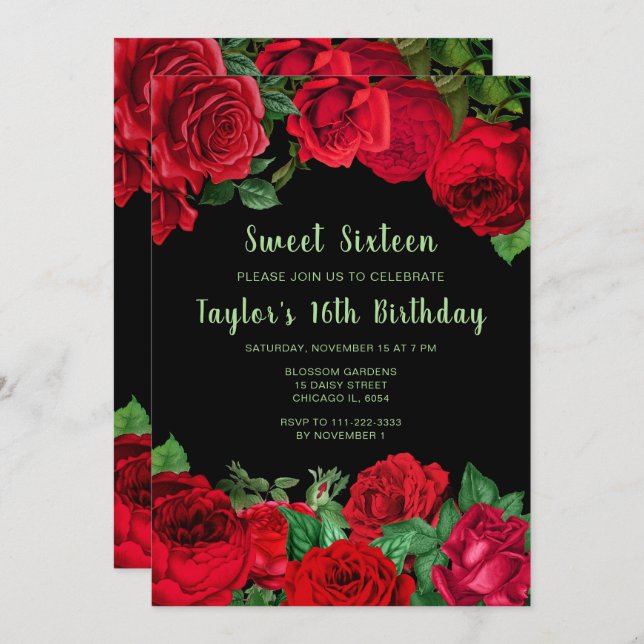 Invitation Elegant Red Roses Flowers Sweet Sixteen (Devant / Derrière)