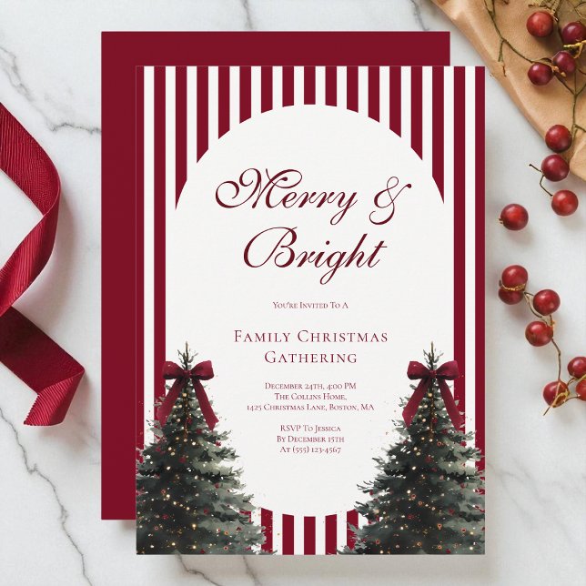 Invitation Elegant Red Watercolor Bow Family Christmas Party (Elegant Red Watercolor Bow Family Christmas Party Invitation)