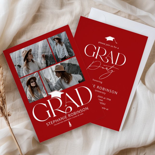 Invitation Elegant Red & White 4 Photo Graduation Party (Créateur téléchargé)