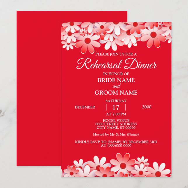 Invitation Elegant Red White Floral Wedding Rehearsal Dinner (Devant / Derrière)