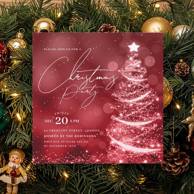Invitation ELEGANT Red Winter Christmas Tree Party  (ELEGANT Red Winter Christmas Tree Party Invitation)